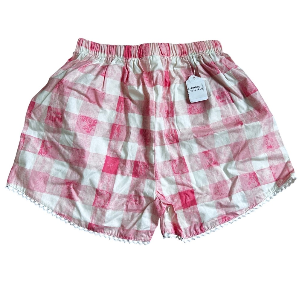 Girls Pink Gingham Plaid Cotton Shorts Lace Trim Size 6 New - Picture 2 of 3